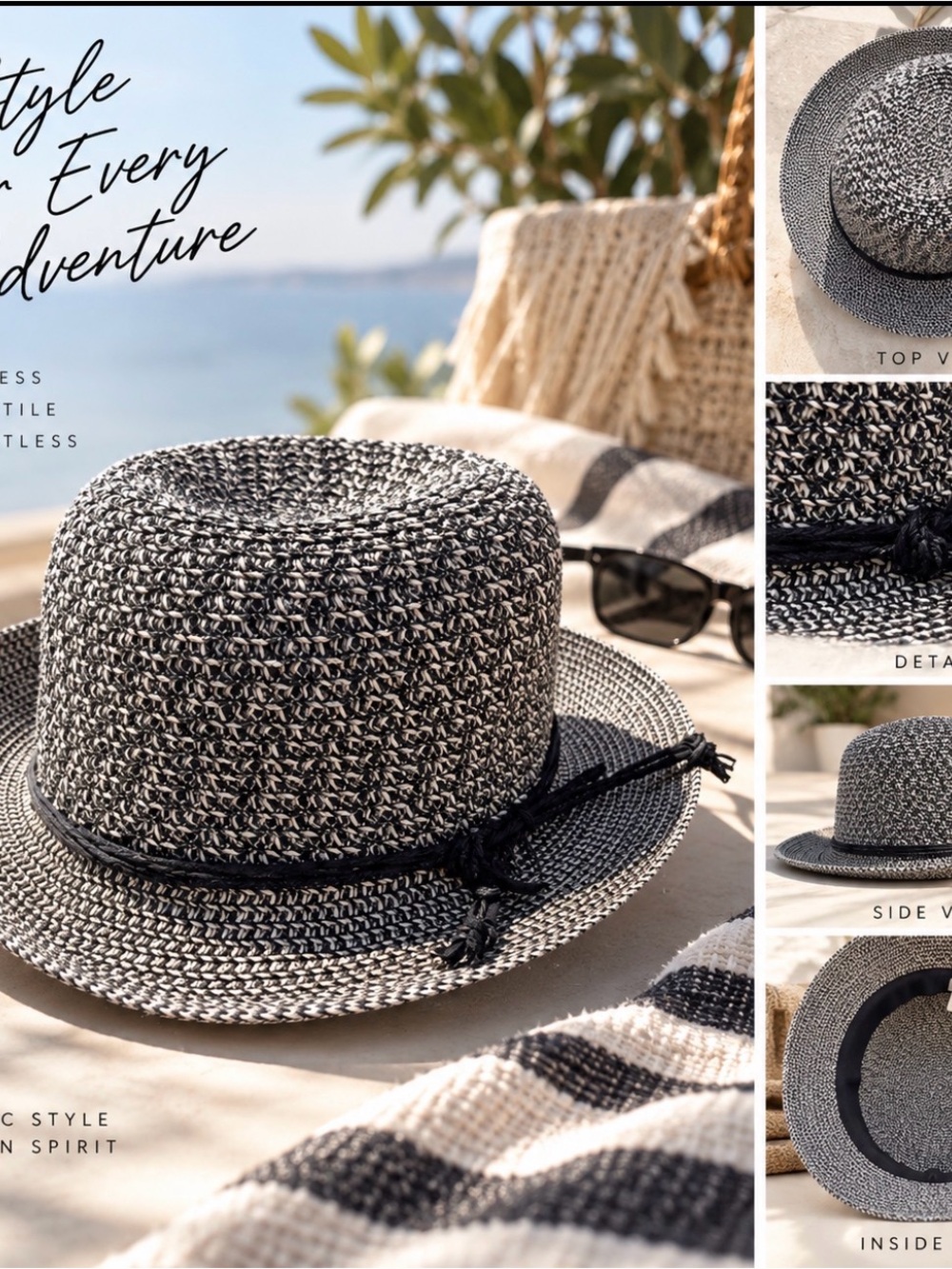 Nine West Black & Gray Woven Straw Fedora with Knot Band